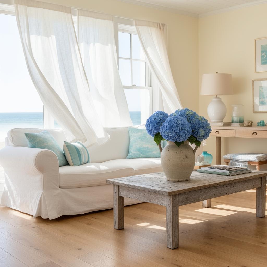 Sun-washed coastal farmhouse living room with linen sofa and hydrangea bouquet